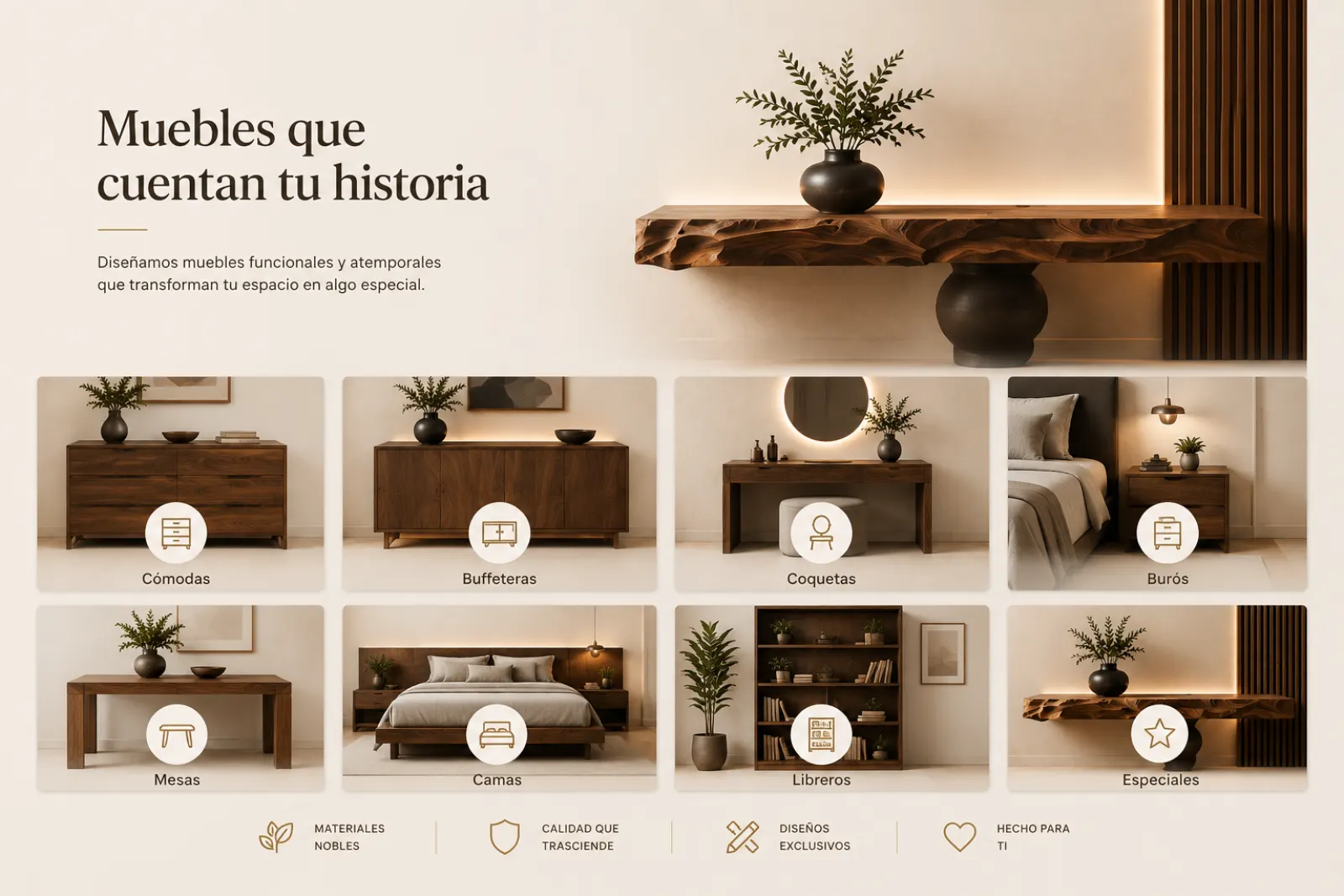 Muebles que cuentan tu historia — Cómodas, buffeteras, coquetas, burós, mesas, camas, libreros y proyectos especiales